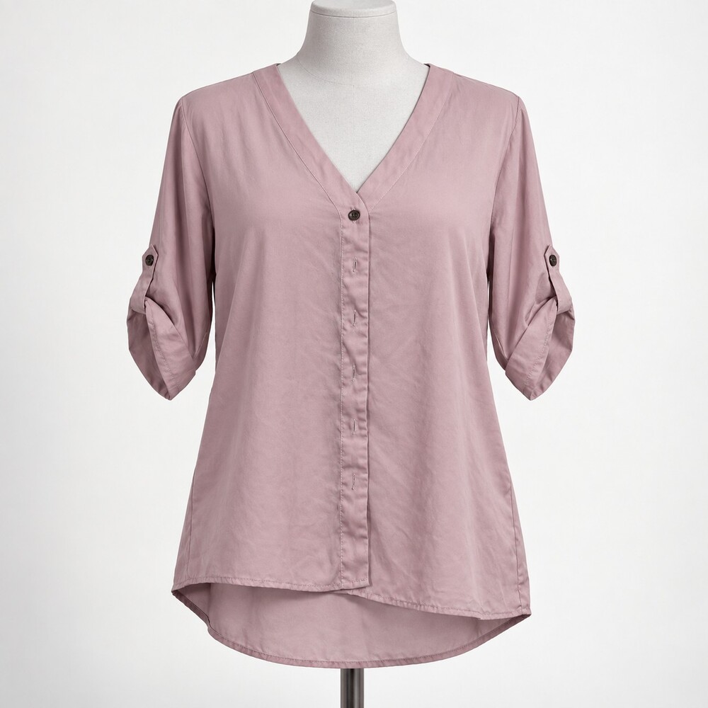 SHEIN Curve 1XL Pink Button Front 3/4 Sleeve Blouse